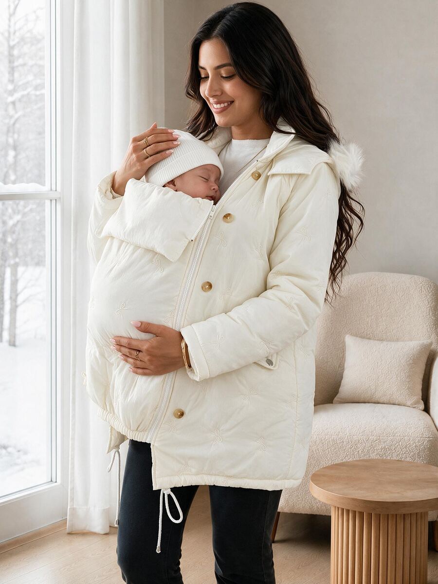SHEIN Maternity 3-i-1 varm vinterjacka med fjärilsbroderi, enfärgad långärmad jacka med huva och dragkedja - Vitt - Visa 1