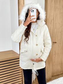 SHEIN Maternity 3-i-1 varm vinterjacka med fjärilsbroderi, enfärgad långärmad jacka med huva och dragkedja - Vitt - Visa 5