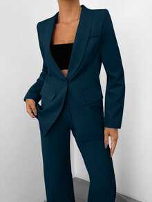 EURMUSE Women Solid Color Blazer And Pants Suit Set - Teal Blue - View 3