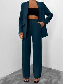 EURMUSE Women Solid Color Blazer And Pants Suit Set - Teal Blue - View 1