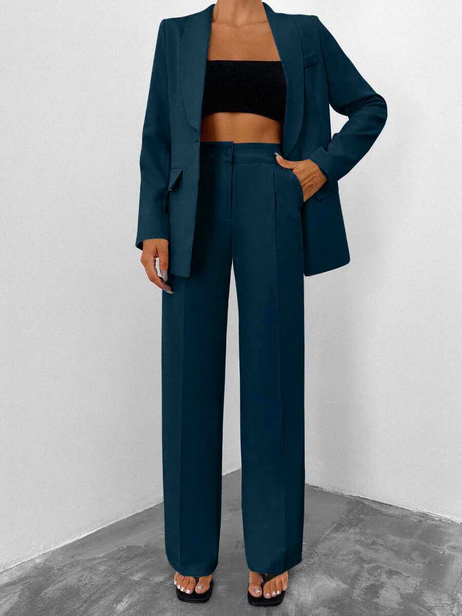 EURMUSE Women Solid Color Blazer And Pants Suit Set - Teal Blue - View 1