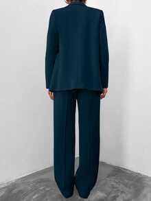 EURMUSE Women Solid Color Blazer And Pants Suit Set - Teal Blue - View 2