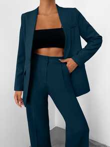 EURMUSE Women Solid Color Blazer And Pants Suit Set - Teal Blue - View 6