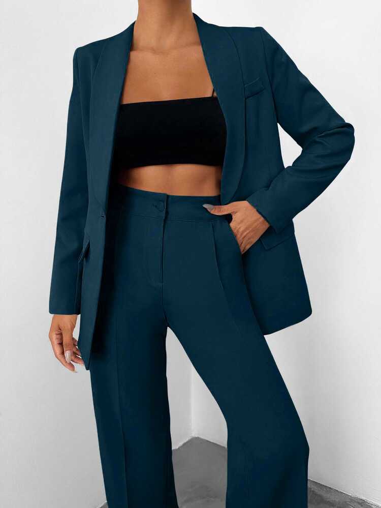 EURMUSE Women Solid Color Blazer And Pants Suit Set - Teal Blue - View 6
