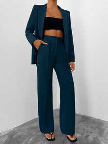EURMUSE Women Solid Color Blazer And Pants Suit Set - Teal Blue - View 4