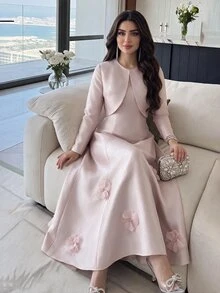 Heiryn Solid Satin Dress Dusty Pink Jacket Wedding Formal Mother Of The Bride Bride Getting Ready Summer Romantic Elegant - Pink - View 3