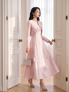 Heiryn Solid Satin Dress Dusty Pink Jacket Wedding Formal Mother Of The Bride Bride Getting Ready Summer Romantic Elegant - Pink - View 8