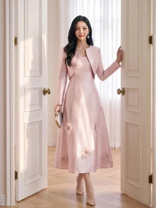 Heiryn Solid Satin Dress Dusty Pink Jacket Wedding Formal Mother Of The Bride Bride Getting Ready Summer Romantic Elegant - Pink - View 7