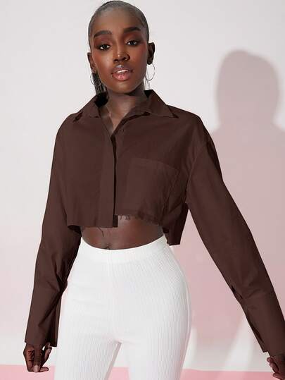 SHEIN Essnce قميص نسائي بلون موحد بأكمام طويلة وكتف منخفض وأزرار أمامية قصيرة كاجوال