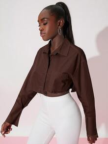 SHEIN Essnce 女款純色落肩長袖單排扣短版休閒襯衫 - 棕色 - 查看 5