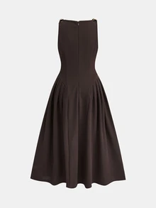 SHEIN Pitira 少女女孩春/夏新款時尚休閒通勤優雅咖啡色金屬扣裝飾收腰抓皺A字長洋裝，休閒優雅百搭日常款，適合儀式、派對及各種場合 - 棕色 - 查看 2