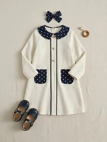 PrepCrw Young Girls' Preppy Style Contrast Color Collar Long Sleeve Dress - White - View 1