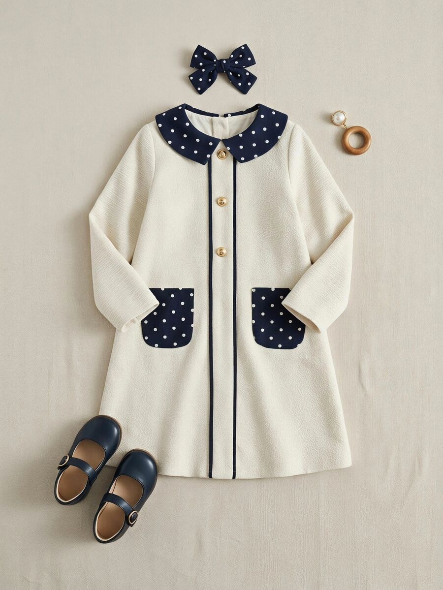 PrepCrw Young Girls' Preppy Style Contrast Color Collar Long Sleeve Dress - White - View 1