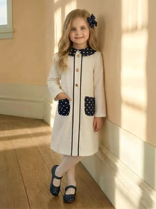 PrepCrw Young Girls' Preppy Style Contrast Color Collar Long Sleeve Dress - White - View 2