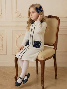 PrepCrw Young Girls' Preppy Style Contrast Color Collar Long Sleeve Dress - White - View 4