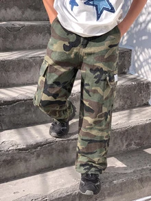 SHEIN 兒童青少年男孩時尚休閒寬鬆口袋迷彩牛仔褲，黑色，上學穿搭 - 軍綠色 - 查看 7
