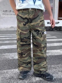 SHEIN 兒童青少年男孩時尚休閒寬鬆口袋迷彩牛仔褲，黑色，上學穿搭 - 軍綠色 - 查看 3