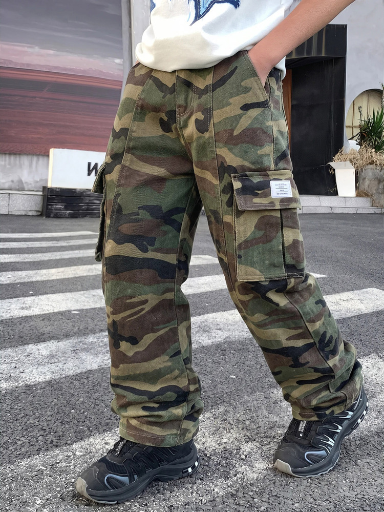 SHEIN Kids Tween Boy Fashion And Casual Loose-Pocketed Camouflage Loose Jeans Black To School - Army Green - View 1