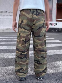 SHEIN 兒童青少年男孩時尚休閒寬鬆口袋迷彩牛仔褲，黑色，上學穿搭 - 軍綠色 - 查看 2