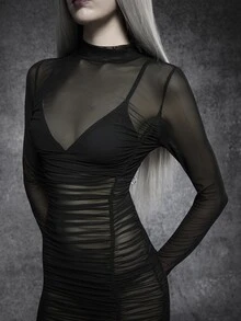 SHEIN ICON Mesh Ruffle Bodycon Dress,Fall/Winter, Halloween Party, Date,Black Goth - Black - View 6