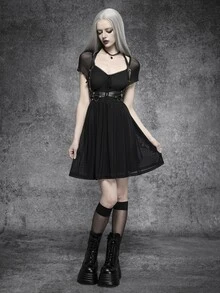 SHEIN ICON 經典黑色哥德風網紗修身洋裝，配透視短袖、心形領口、前綁帶設計，適合夜間約會與萬聖節派對 - 黑色 - 查看 3