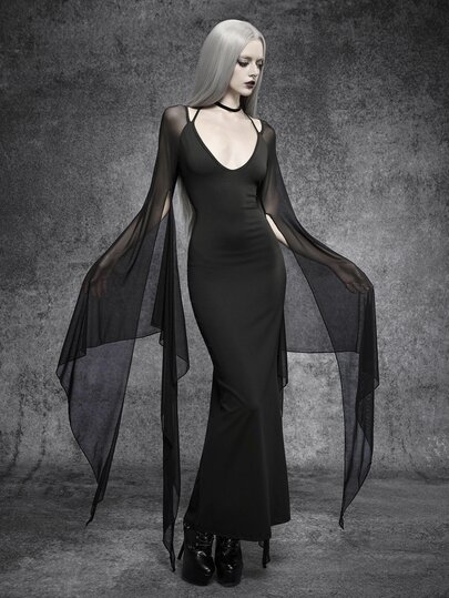SHEIN ICON Black Goth  Elegant Fitting Long Sleeve Mesh Exaggerated Batwing Sleeve Dress Witchy Clothes Party Night ,For Fall And Halloween