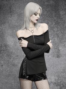 SHEIN ICON 女款法式風格串珠拉鍊單肩荷葉邊上衣 - 黑色 - 查看 5