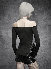 SHEIN ICON 女款法式風格串珠拉鍊單肩荷葉邊上衣 - 黑色 - 查看 2