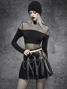 SHEIN ICON Gothic Black PU Leather High Waist Pleated A-Line Pleated Mini Skirt,Halloween Date Night Party, Fall/All Season - Black - View 7