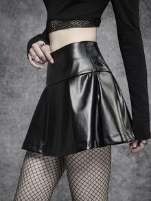 SHEIN ICON Gothic Black PU Leather High Waist Pleated A-Line Pleated Mini Skirt,Halloween Date Night Party, Fall/All Season - Black - View 3