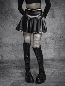 SHEIN ICON Gothic Black PU Leather High Waist Pleated A-Line Pleated Mini Skirt,Halloween Date Night Party, Fall/All Season - Black - View 6