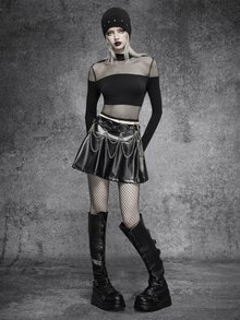 SHEIN ICON Gothic Black PU Leather High Waist Pleated A-Line Pleated Mini Skirt,Halloween Date Night Party, Fall/All Season - Black - View 5