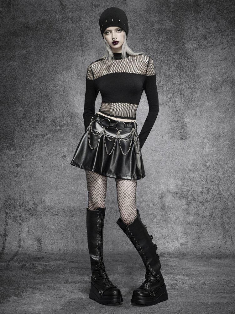 SHEIN ICON Gothic Black PU Leather High Waist Pleated A-Line Pleated Mini Skirt,Halloween Date Night Party, Fall/All Season - Black - View 5