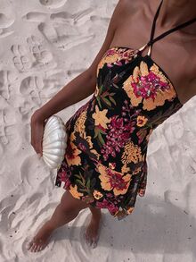 SHEIN Unity Women Halter Floral Print Mini Dress With Metal Buckle, Sleeveless Ruffle Hem Short Dress, Summer Fall Party & Vacation Outfit - Multicolor - View 7