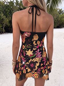 SHEIN Unity Women Halter Floral Print Mini Dress With Metal Buckle, Sleeveless Ruffle Hem Short Dress, Summer Fall Party & Vacation Outfit - Multicolor - View 3