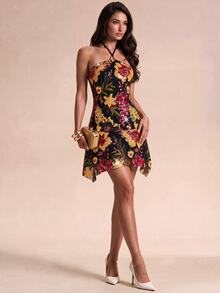 SHEIN Unity Women Halter Floral Print Mini Dress With Metal Buckle, Sleeveless Ruffle Hem Short Dress, Summer Fall Party & Vacation Outfit - Multicolor - View 10