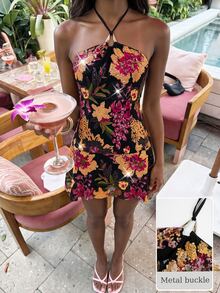 SHEIN Unity Women Halter Floral Print Mini Dress With Metal Buckle, Sleeveless Ruffle Hem Short Dress, Summer Fall Party & Vacation Outfit - Multicolor - View 2