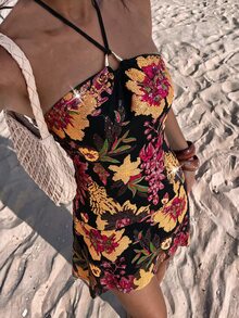 SHEIN Unity Women Halter Floral Print Mini Dress With Metal Buckle, Sleeveless Ruffle Hem Short Dress, Summer Fall Party & Vacation Outfit - Multicolor - View 11