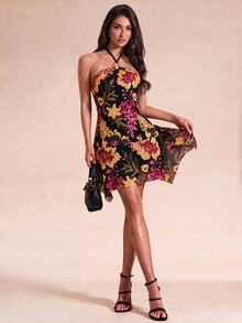 SHEIN Unity Women Halter Floral Print Mini Dress With Metal Buckle, Sleeveless Ruffle Hem Short Dress, Summer Fall Party & Vacation Outfit - Multicolor - View 8