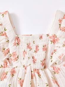 SHEIN 女嬰可愛花卉圖案荷葉邊包屁衣，夏季款 - 米色 - 查看 6