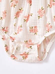 SHEIN 女嬰可愛花卉圖案荷葉邊包屁衣，夏季款 - 米色 - 查看 7