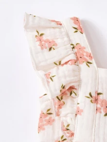 SHEIN 女嬰可愛花卉圖案荷葉邊包屁衣，夏季款 - 米色 - 查看 4