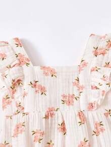 SHEIN 女嬰可愛花卉圖案荷葉邊包屁衣，夏季款 - 米色 - 查看 5