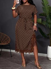 Reflora Plus Size Women's Summer New Batwing Sleeve Dress, Polka Dot Design, Suitable For Daily Commute, Versatile Style, Also Appropriate For Elegant Cocktail Parties And Other Occasions. - Brown - View 1