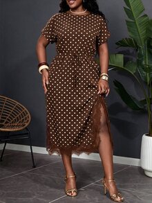Reflora Plus Size Women's Summer New Batwing Sleeve Dress, Polka Dot Design, Suitable For Daily Commute, Versatile Style, Also Appropriate For Elegant Cocktail Parties And Other Occasions. - Brown - View 3