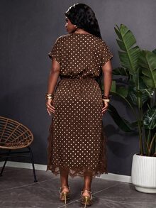 Reflora Plus Size Women's Summer New Batwing Sleeve Dress, Polka Dot Design, Suitable For Daily Commute, Versatile Style, Also Appropriate For Elegant Cocktail Parties And Other Occasions. - Brown - View 2