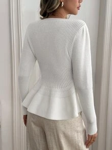 Breezaya European And American Fall Women's Round Neck 3D Cable Knit Waist Cinched Mermaid Puff Lantern Sleeve Office Everyday Date Commute White - White - View 2