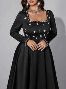 Viva Relle French Style Beaded Square Neck Little Black Dress, High Waist Slimming Mid-Length Party Formal Banquet Plus Size Evening Gown Autumn Elegant - Black - View 7