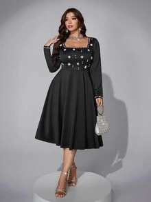 Viva Relle French Style Beaded Square Neck Little Black Dress, High Waist Slimming Mid-Length Party Formal Banquet Plus Size Evening Gown Autumn Elegant - Black - View 8
