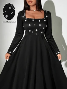 Viva Relle French Style Beaded Square Neck Little Black Dress, High Waist Slimming Mid-Length Party Formal Banquet Plus Size Evening Gown Autumn Elegant - Black - View 5